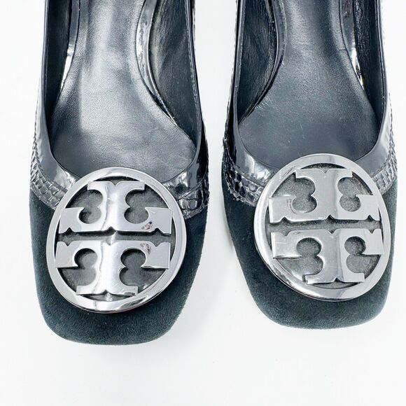Tory Burch Frannie Reva Pumps 8.5 Black Suede Croc Trim Silver Logo Block Heels - Picture 13 of 14